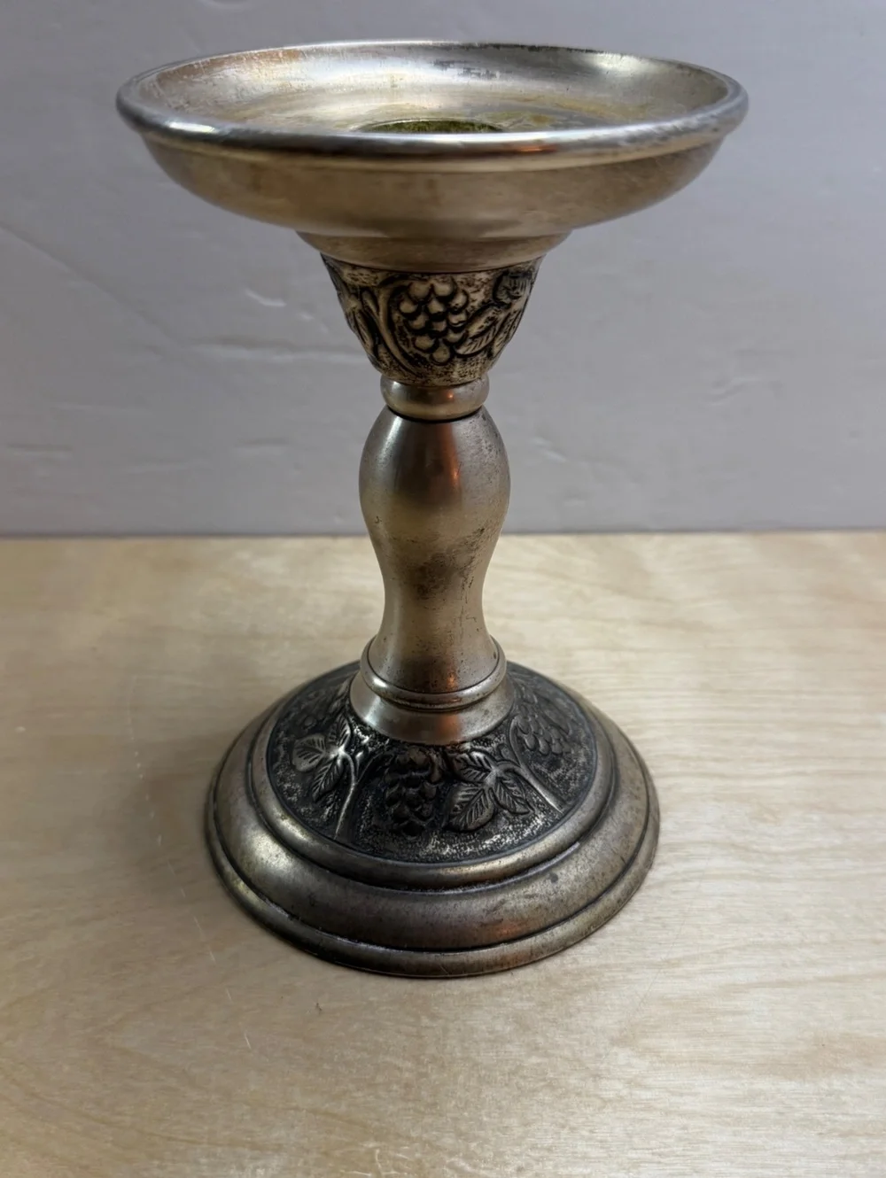 Pottery Barn Silver Tone Decorative Pillar Candle Holder with Grapevine Design